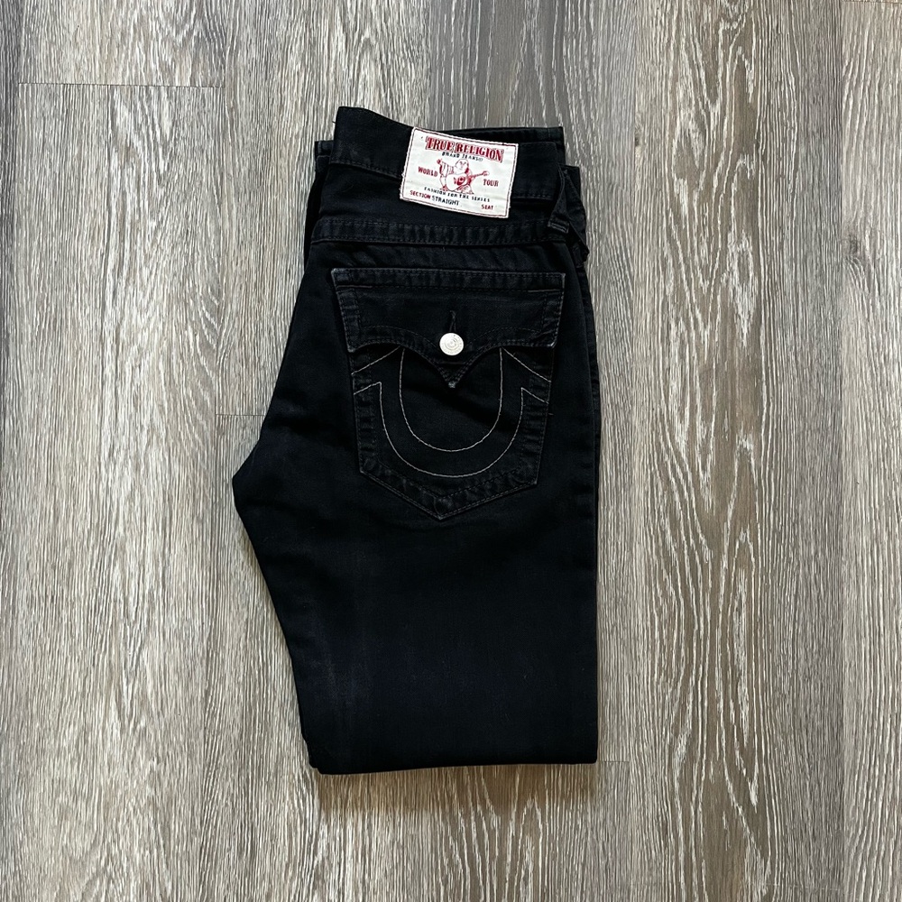 True Religion Men’s Black Jeans with White Signature Light Stitching